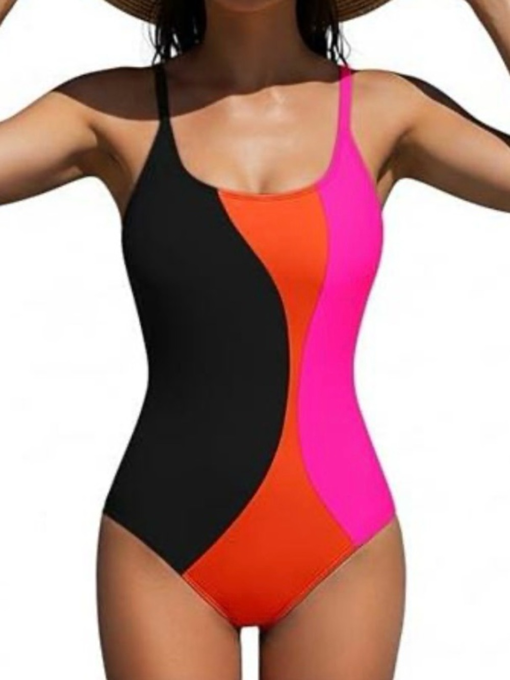 New - Women’s Colorblock One-Piece Swimsuit - Black/Orange/Pink